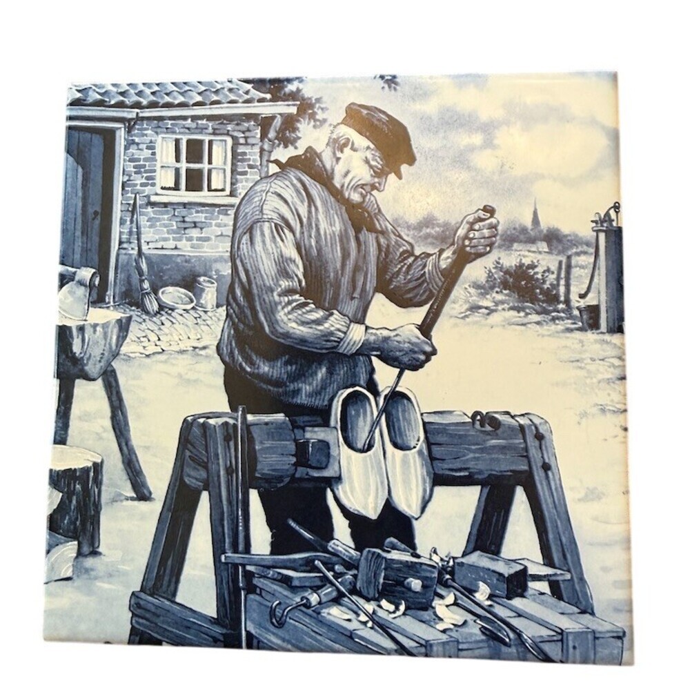 Royal Mosa Holland Delft Blue Tile Shoemaker Cobbler Scene 6x6 Square